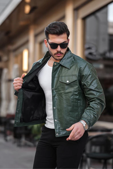 Çift Kapaklı Cep Deri Mont & Ceket Yeşil - 3