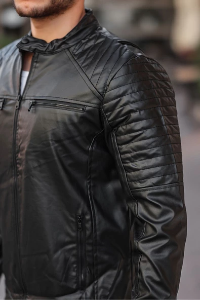 Omuz Detaylı Deri Mont & Ceket Siyah - 5