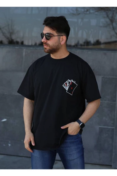 Baskılı Erkek Oversize Tişört Siyah İskambil - 2