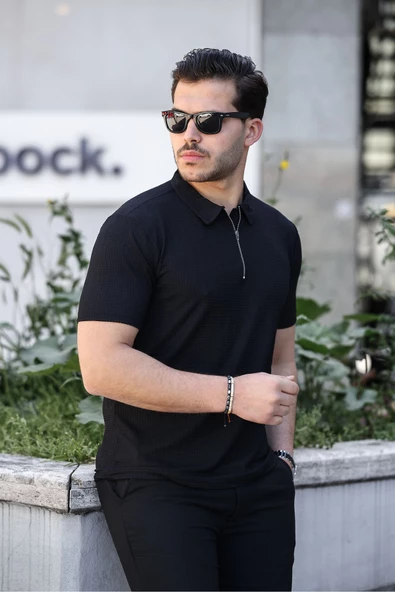 Polo Yaka Fermuarlı Erkek Tişört Siyah - 2