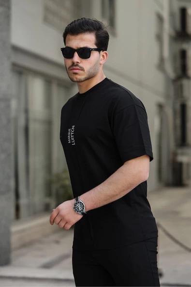 Ortadan Şeritlik Bisiklet Yaka Erkek Tişört Siyah - 2