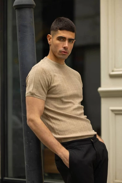 Dikey Fitilli Triko Bisiklet Yaka Erkek Tişört Kahverengi - 4