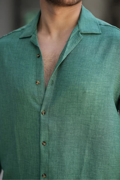 Cepsiz Keten Erkek Gömlek Yeşil - 3