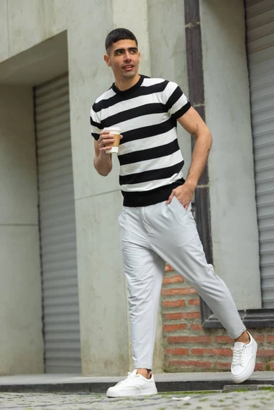 Yatay Çizgili Triko Bisiklet Yaka Erkek Tişört Siyah Beyaz - 2