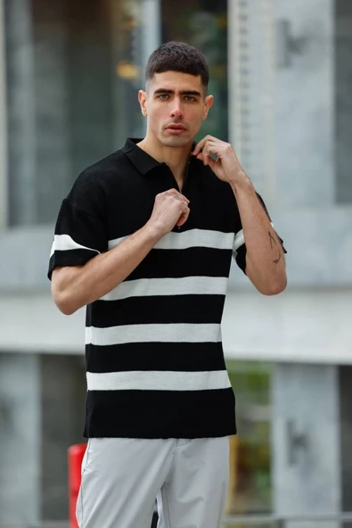 Oversize Triko Fermuarlı Polo Tişört Siyah Beyaz - 2