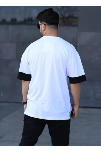 Oversize Erkek Tişört Yatay Çizili Beyaz Siyah - 2