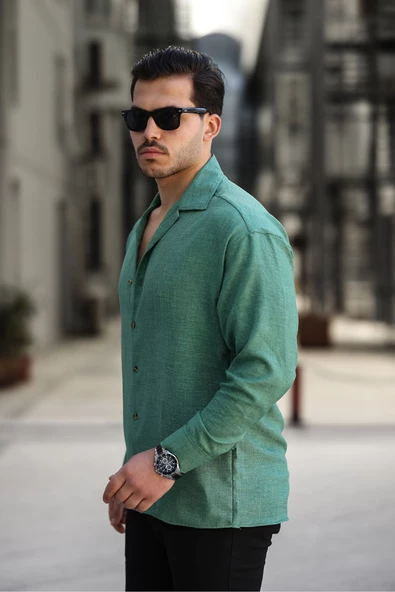 Cepsiz Keten Erkek Gömlek Yeşil - 2