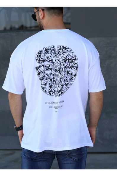 Baskılı Erkek Oversize Tişört Beyaz Parmak İzi - 2