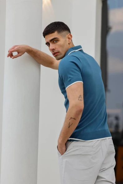 Çizgili Polo Yaka Düz Triko Erkek Tişört Mavi - 4