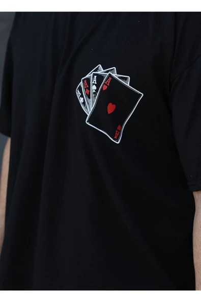 Baskılı Erkek Oversize Tişört Siyah İskambil - 3