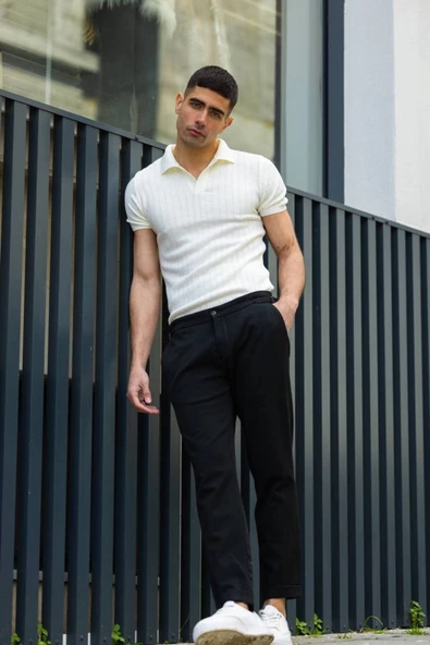 Polo Yaka Dikey Fitilli Triko Erkek Tişört Beyaz - 2