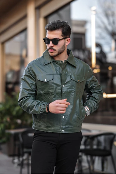 Çift Kapaklı Cep Deri Mont & Ceket Yeşil - 2