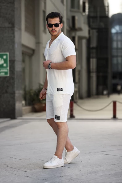 İnce Çizgili Erkek Gömlek ve Şort Takım Beyaz