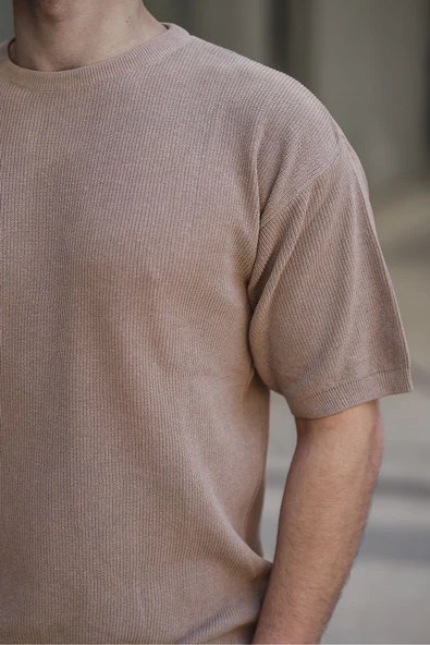 Düşük Kol Bisiklet Yaka Triko Erkek Tişört Kahve - 3