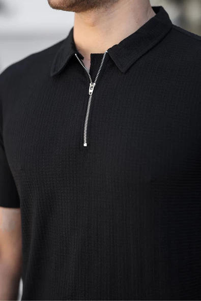Polo Yaka Fermuarlı Erkek Tişört Siyah - 3