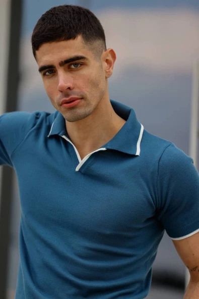 Çizgili Polo Yaka Düz Triko Erkek Tişört Mavi - 2