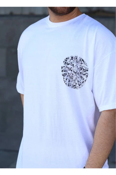 Baskılı Erkek Oversize Tişört Beyaz Parmak İzi - 3