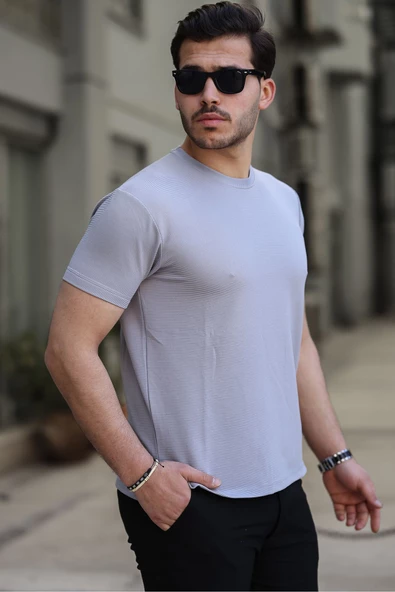 İnce Çizgili Bisiklet Yaka Erkek Tişört Gri - 2