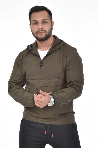 İxir Kanguru Cepli Yağmurluk Haki Yeşil Düz - 2