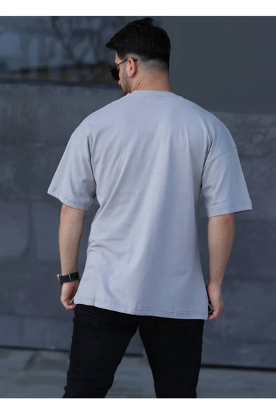 Oversize Erkek Tişört X Desenli Gri - 3