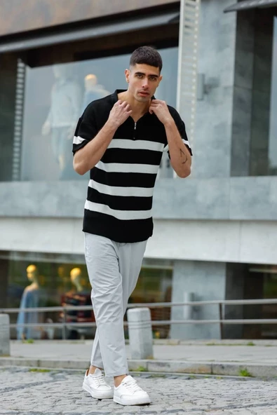 Oversize Triko Fermuarlı Polo Tişört Siyah Beyaz - 4