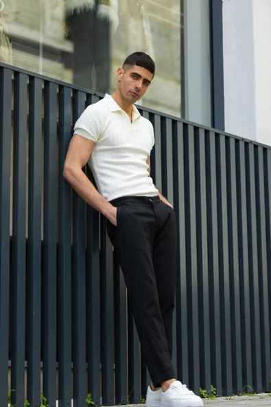 Polo Yaka Dikey Fitilli Triko Erkek Tişört Beyaz - 4