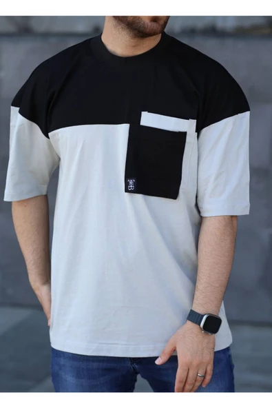 Oversize Erkek Tişört Cepli Siyah Gri - 2