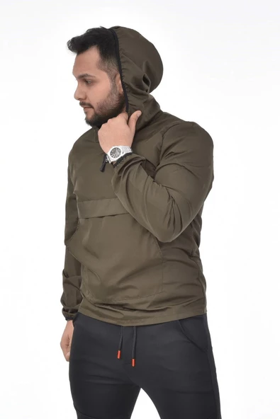 İxir Kanguru Cepli Yağmurluk Haki Yeşil Düz - 5