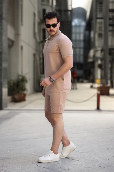 Polo Yaka Fermuarlı Tişört ve Sort Takım Kahverengi - 2