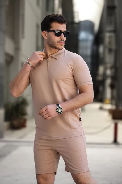 Polo Yaka Fermuarlı Tişört ve Sort Takım Kahverengi - 3