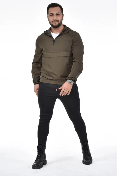 İxir Kanguru Cepli Yağmurluk Haki Yeşil Düz - 3