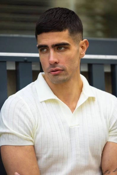 Polo Yaka Dikey Fitilli Triko Erkek Tişört Beyaz - 3