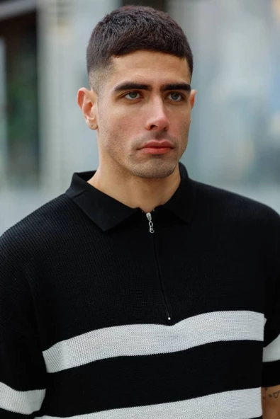 Oversize Triko Fermuarlı Polo Tişört Siyah Beyaz - 3