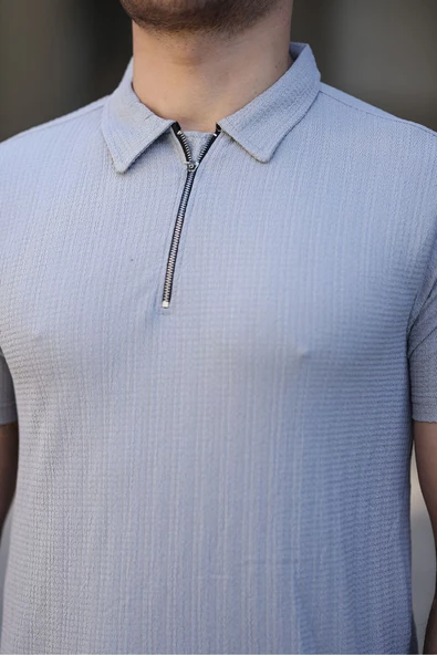 Polo Yaka Fermuarlı Erkek Tişört Gri - 3