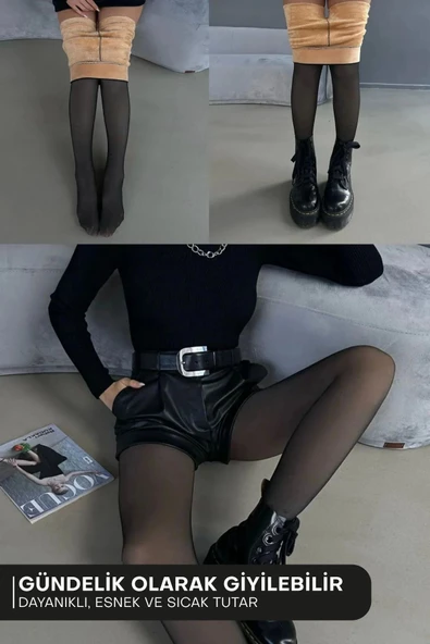 Yüksek Kalite Termal İçli Sıcak Tutan İnce Siyah Çorap Ten Görünümlü Şık Peluş Polarlı Külotlu Çorap - 3