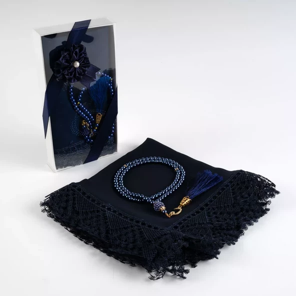Namaz Örtüsü (Şal) + Tesbih Hediye Seti (Lacivert) - 2