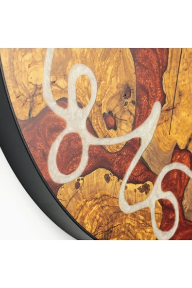 Duvar Saati Ahşap Metal Çemberli Zeytin Ağacı Kırmızı & Beyaz Epoxy Asimetrik Rakamlı Duvar Saati - 3