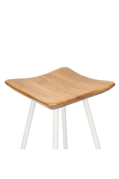 Tabure Sandalye 65 Cm Beyaz Cm Kavisli Kare Oturma Yeri Bar Taburesi Demir Ayaklı Ahşap Topuzlu - 2