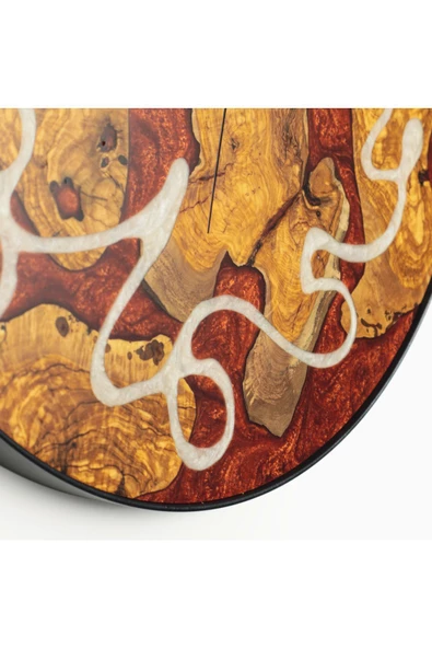 Duvar Saati Ahşap Metal Çemberli Zeytin Ağacı Kırmızı & Beyaz Epoxy Asimetrik Rakamlı Duvar Saati - 4