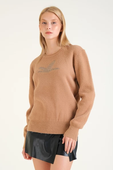Kadın Baskılı Sıfır Yaka Tüylü Triko Kazak Camel - 5