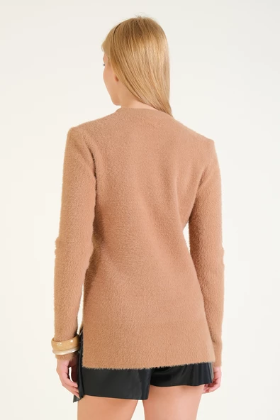 Kadın Sıfır Yaka Tüylü Triko Kazak Camel - 6