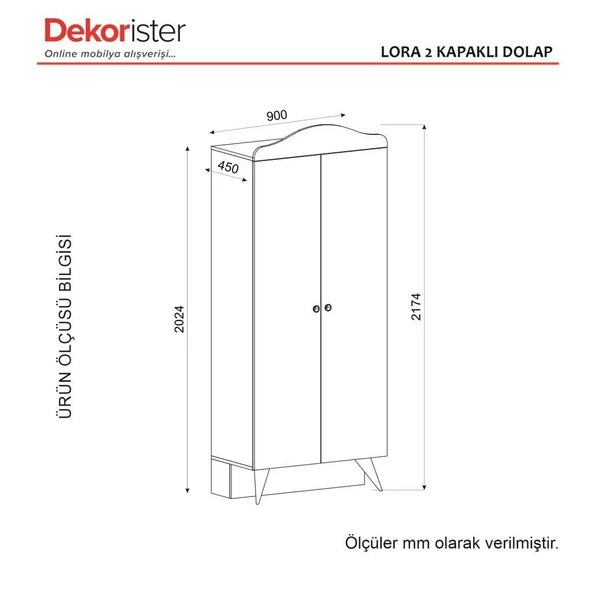 Dekorister Lora Baby 2 Kapaklı Dolap  Bebek Odası Gardrop Beyaz - Ceviz - 7