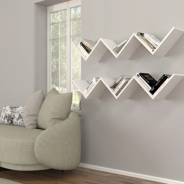 Dekorister Zig Zag Kitaplık Beyaz - 5