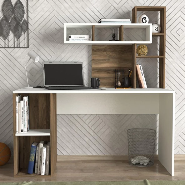 Dekorister Coral Kitaplıklı Çalışma Masası Beyaz-Ceviz - 2