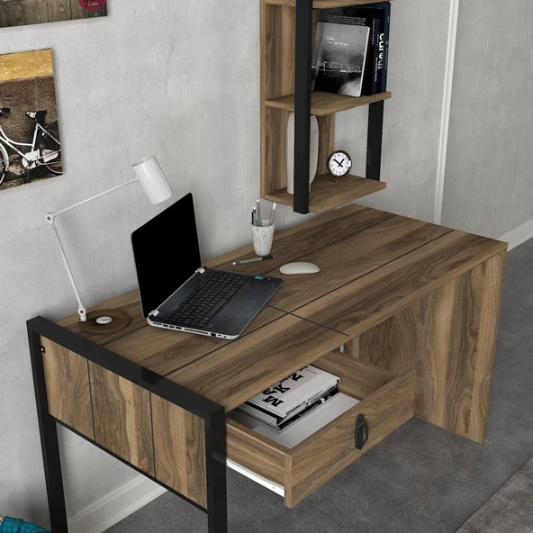 Dekorister Exclusive Lost Çalışma Masası + Duvar Rafı Ceviz - 4