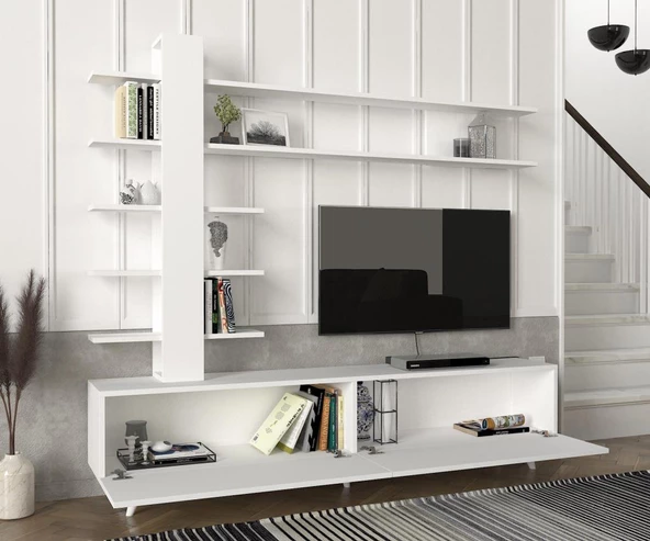 Dekorister Aleyna Duvar Raflı Kitaplıklı Tv Ünitesi Beyaz - 3
