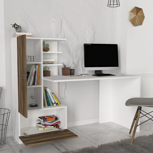 Dekorister Domingos Kitaplıklı Çalışma Masası Beyaz-Ceviz - 3