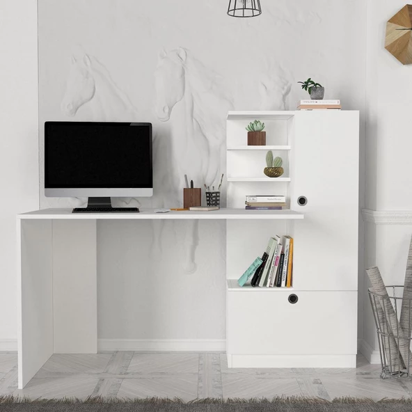 Dekorister Merinos Kitaplıklı Çalışma Masası Beyaz