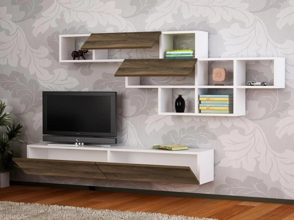 Dekorister Aristo Duvar Raflı Tv ünitesi Beyaz-Ceviz - 2