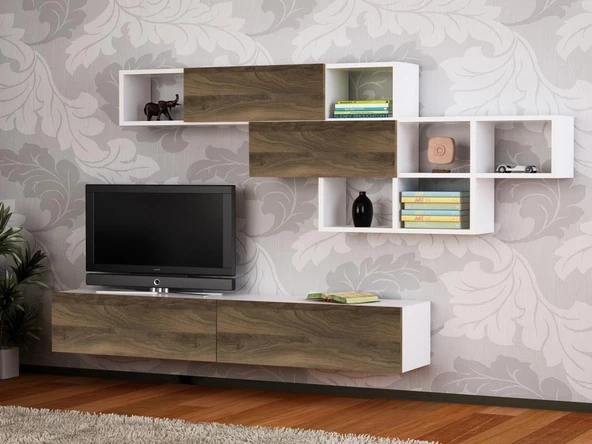 Dekorister Aristo Duvar Raflı Tv ünitesi Beyaz-Ceviz
